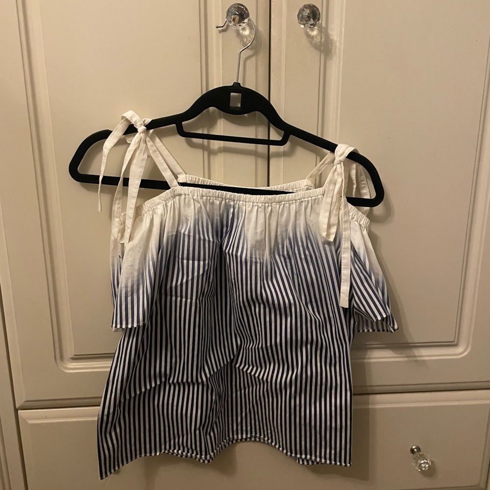 Milly Blue and White Striped Off-Shoulder Blouse